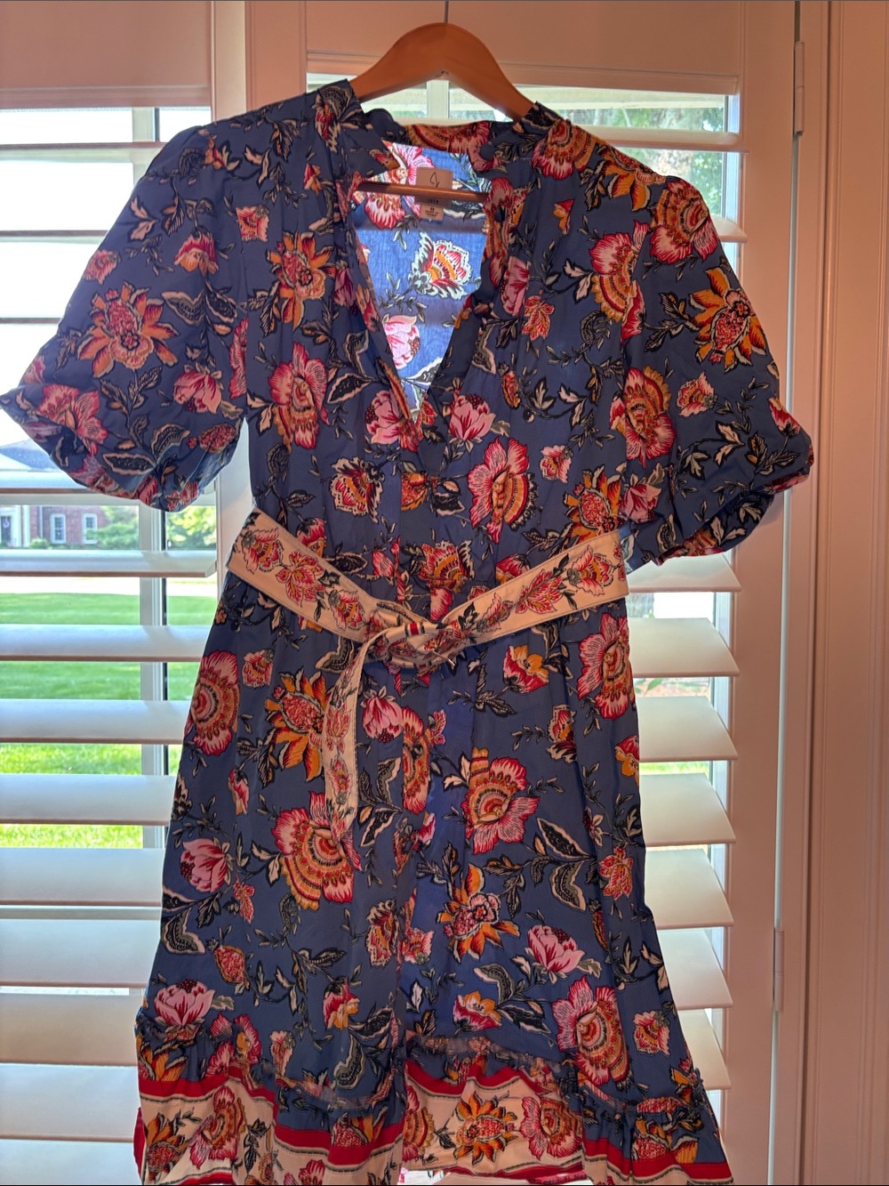 Joie Blue Floral Short-Sleeve Mini Dress with Belt